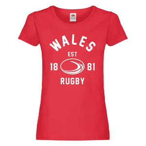 Ladies Wales CYMRU EST 1881 Rugby Ball T-Shirt