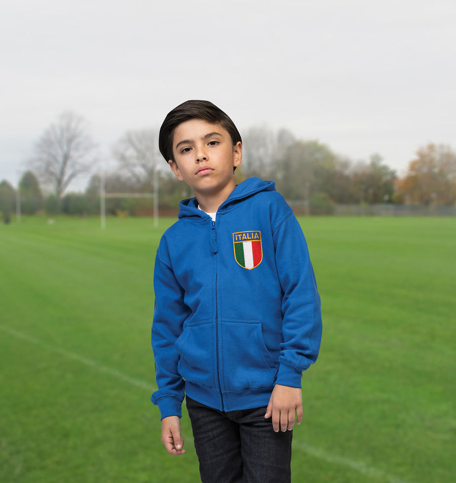 Kids Italy Italia Retro Style Rugby Zipped Hoodie With Embroidered Crest - Royal Blue
