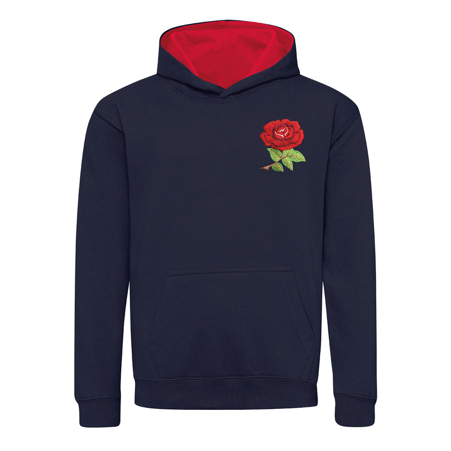 Kids England Retro Style Rugby Hoodie With Embroidered Crest - Navy Blue Fire Red