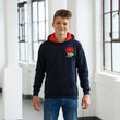 Load image into Gallery viewer, Kids England Retro Style Rugby Hoodie With Embroidered Crest - Navy Blue Fire Red
