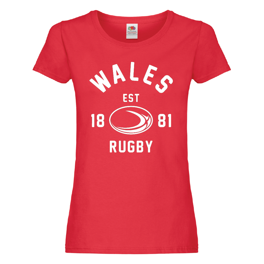 Ladies Wales CYMRU EST 1881 Rugby Ball T-Shirt