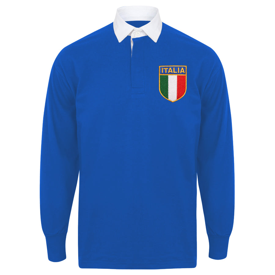 Adults Italy Italia Vintage Style Long Sleeve Rugby Shirt with Free Personalisation - Blue