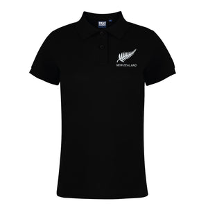 Ladies New Zealand Embroidered Crest Rugby Polo Shirt - Black