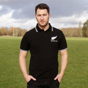 Adults New Zealand Embroidered Crest Rugby Polo Shirt - black white
