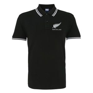 Adults New Zealand Embroidered Crest Rugby Polo Shirt - black white