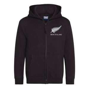 Kids New Zealand Retro Style Rugby Zipped Hoodie With Embroidered Crest - Jet Black