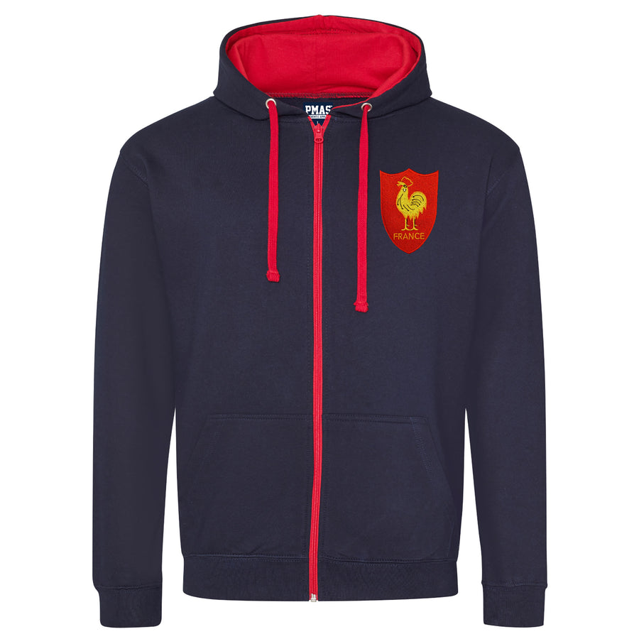 Adult France Retro Style Rugby Zipped Hoodie With Embroidered Crest - French Navy Fire Red