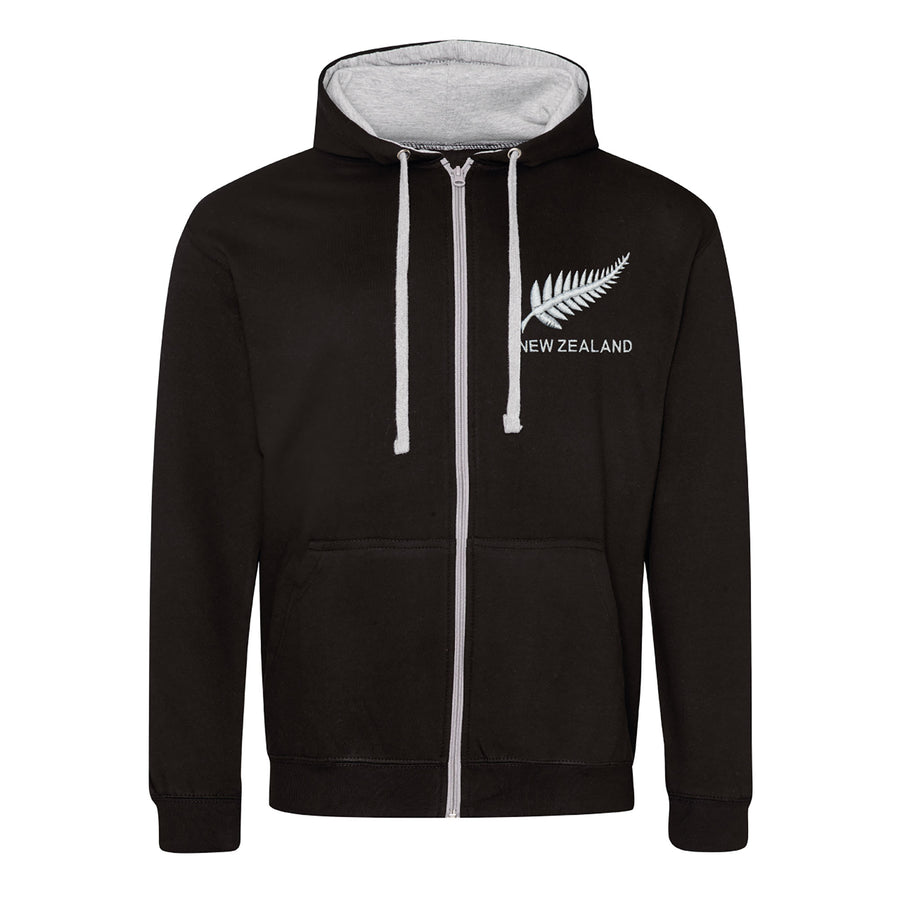 Adult New Zealand Retro Style Rugby Zipped Hoodie With Embroidered Crest - Jet Black Heather Grey