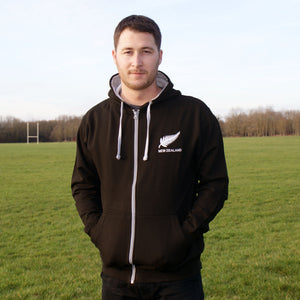 Adult New Zealand Retro Style Rugby Zipped Hoodie With Embroidered Crest - Jet Black Heather Grey