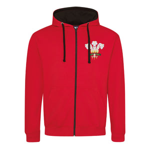 Unisex Wales CYMRU Rugby Retro Style Two Tone Zipped Hooded Sweatshirt