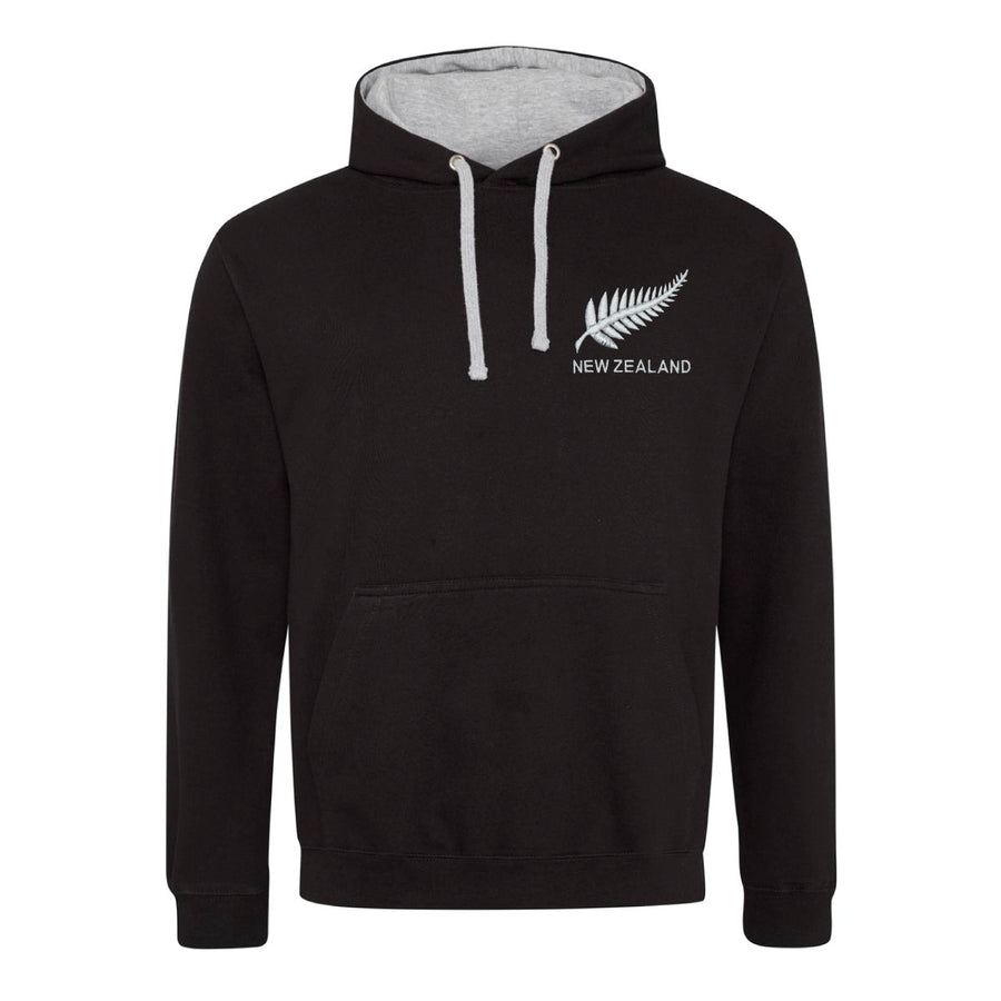 Adult New Zealand Retro Style Rugby Hoodie With Embroidered Crest - Jet Black Heather Grey