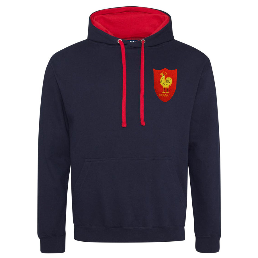 Adult France Retro Style Rugby Hoodie With Embroidered Crest - French Navy Fire Red