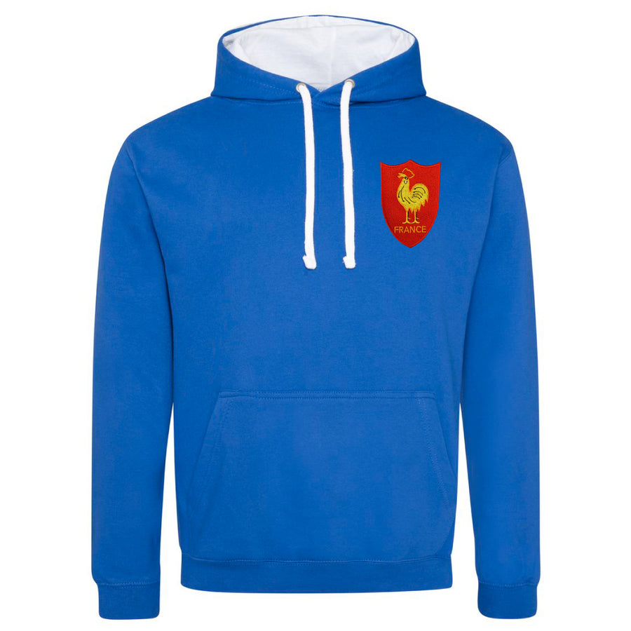 Adult France Retro Style Rugby Hoodie With Embroidered Crest - Royal Blue Arctic White