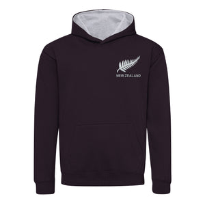Kids New Zealand Retro Style Rugby Hoodie With Embroidered Crest - Jet Black Heather Grey
