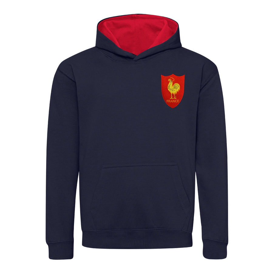 Kids France Retro Style Rugby Hoodie With Embroidered Crest - Navy Blue Fire Red