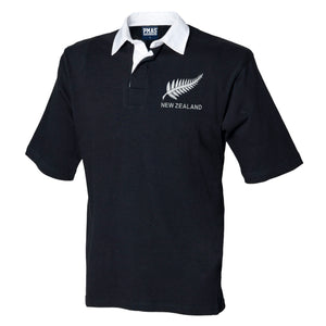 Adults New Zealand Vintage Style Short Sleeve Rugby Football Shirt with Free Personalisation - Black