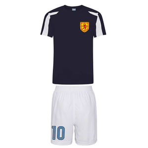 Kids Scotland Retro Football Shirt Shorts & Personalisation - Blue / White