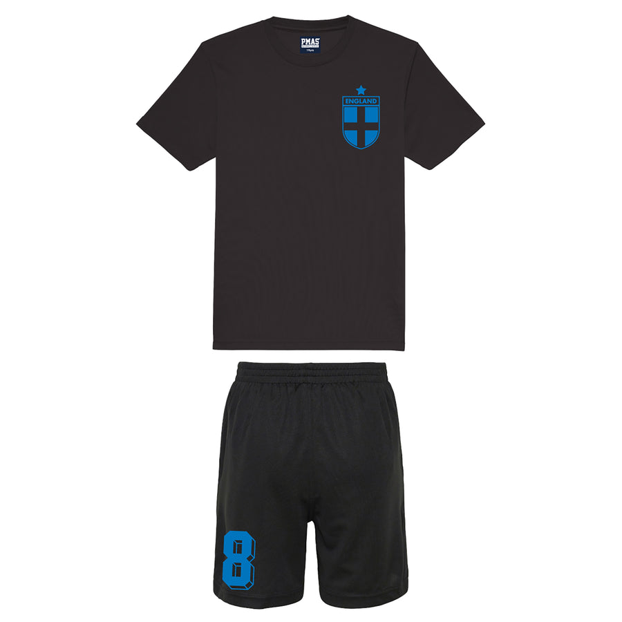 Kids England Football Drill Training Shirt & Shorts with Personalisation - Black / Black