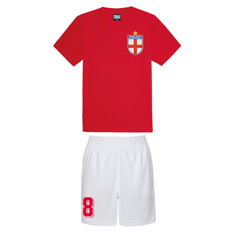 Kids England Football Kit Drill Training Shirt & Shorts with Personalisation - Fire Red With White Shorts