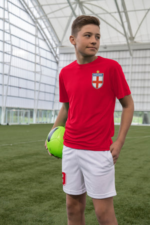 Kids England Football Kit Drill Training Shirt & Shorts with Personalisation - Fire Red With White Shorts