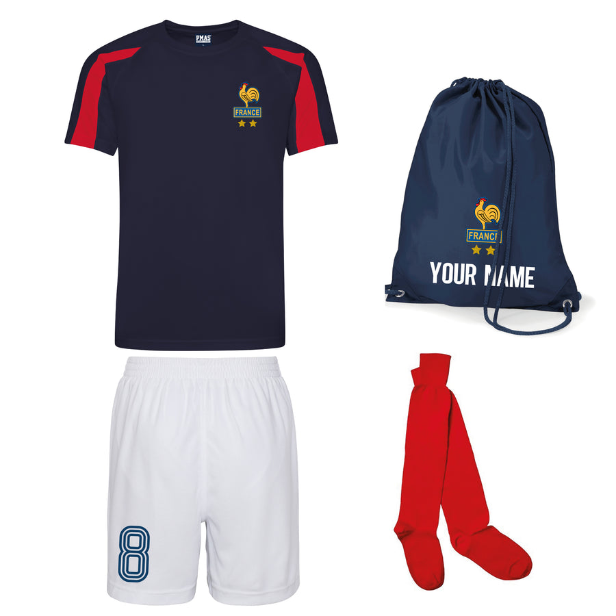 Kids Customisable France Les Bleu's Style Kit Football Shirt, Shorts, Socks and Personalised Bag Away