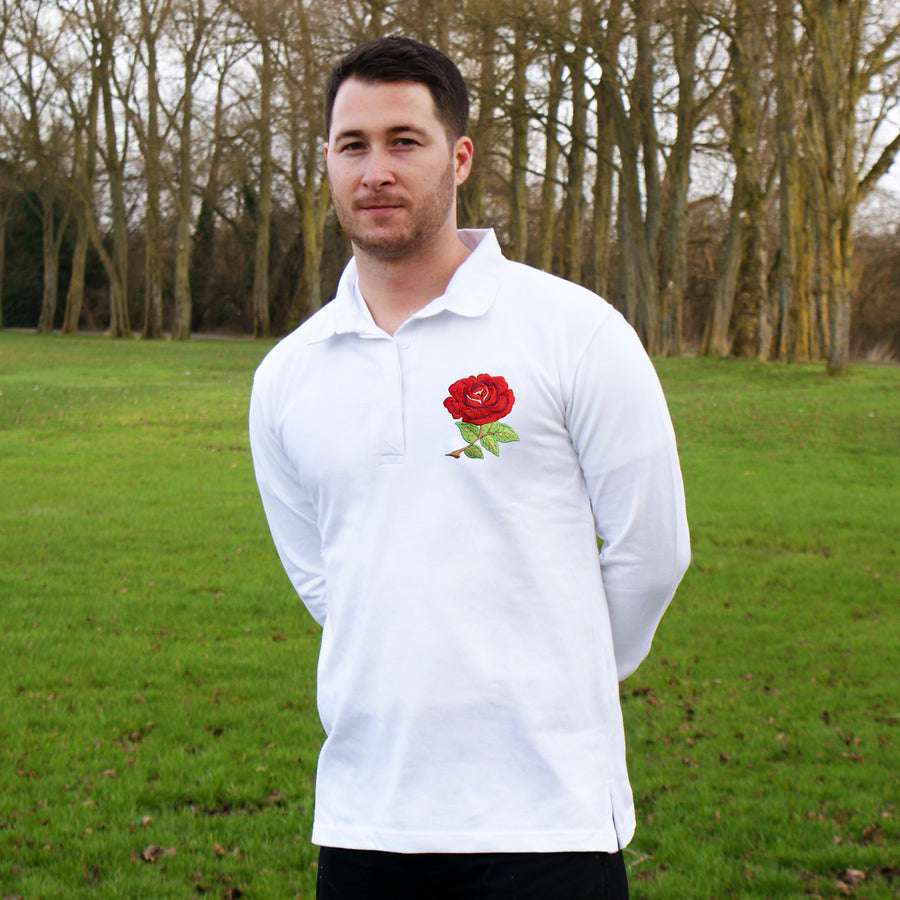 Adults England English Rose Vintage Style Long Sleeve Rugby Shirt with Free Personalisation - White