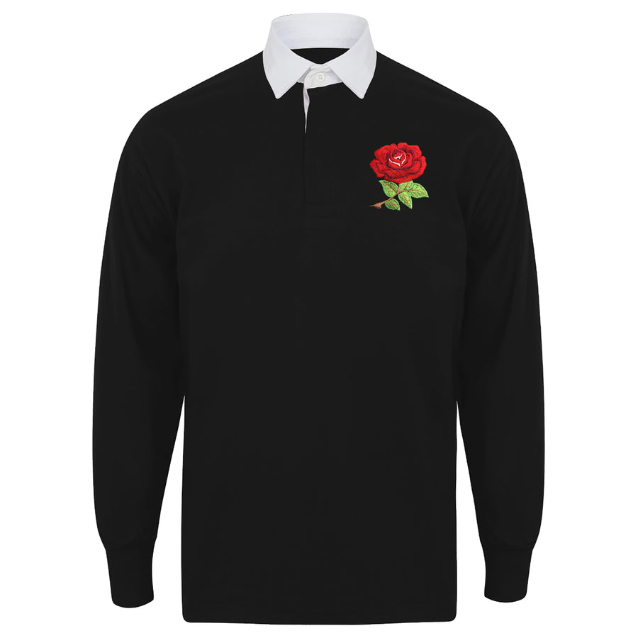 Adults England English Rose Vintage Long Sleeve Rugby Shirt with Free Personalisation - Black