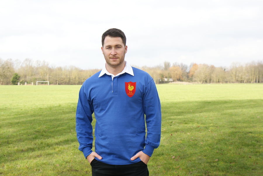 Adults France Vintage Style Long Sleeve Rugby Shirt with Free Personalisation -  Blue