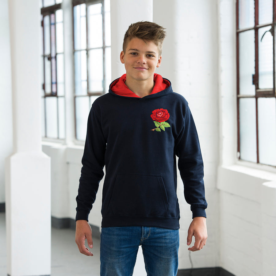 Kids England Retro Style Rugby Hoodie With Embroidered Crest - Navy Blue Fire Red