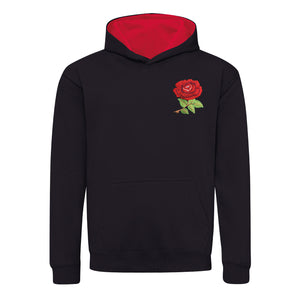 Kids England Retro Style Rugby Hoodie With Embroidered Crest - Jet Black Fire Red