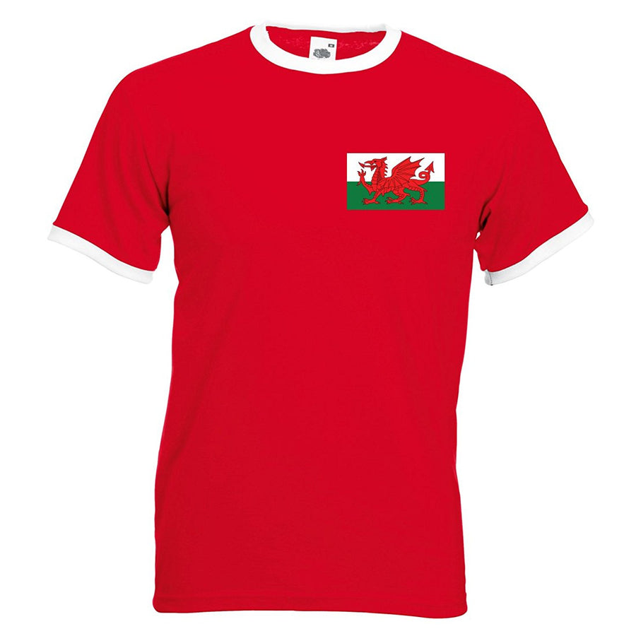 Adults Wales Welsh Cymru Embroidered Retro Football T-Shirt Front