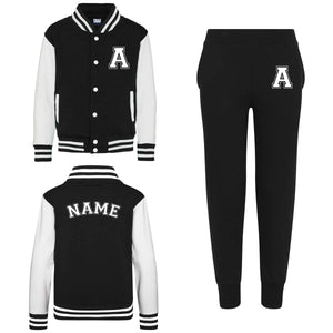 Kids Baseball Style Varsity Jacket and Matching Joggers - Personalised with Front Initial Step and Name on Back Letterman Style