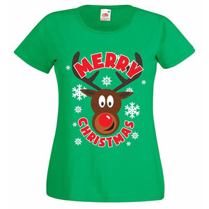 Ladies Fit Merry Christmas Rudolph Reindeer T-Shirt