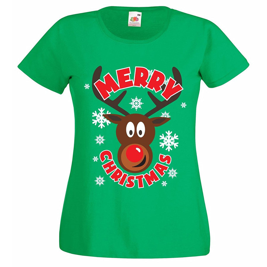 Ladies Fit Merry Christmas Rudolph Reindeer T-Shirt