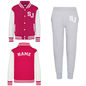 Kids Baseball Style Varsity Jacket and Matching Joggers - Personalised with Front Initial Step and Name on Back Letterman Style