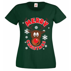 Ladies Fit Merry Christmas Rudolph Reindeer T-Shirt