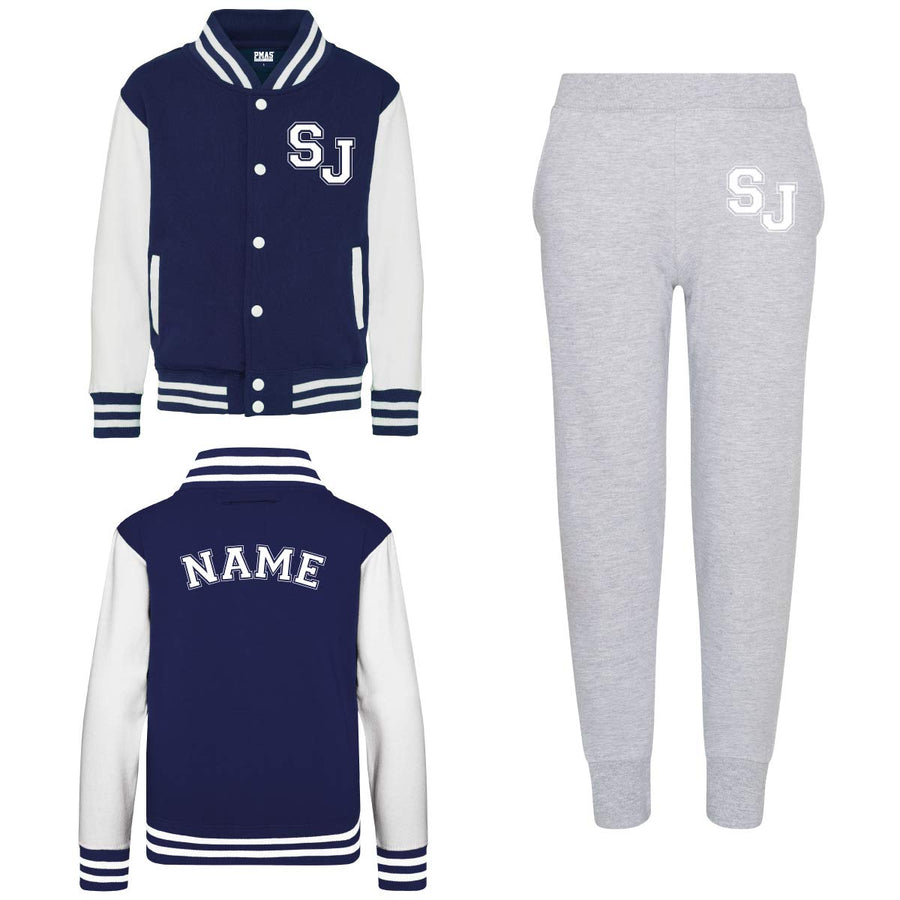 Kids Baseball Style Varsity Jacket and Matching Joggers - Personalised with Front Initial Step and Name on Back Letterman Style