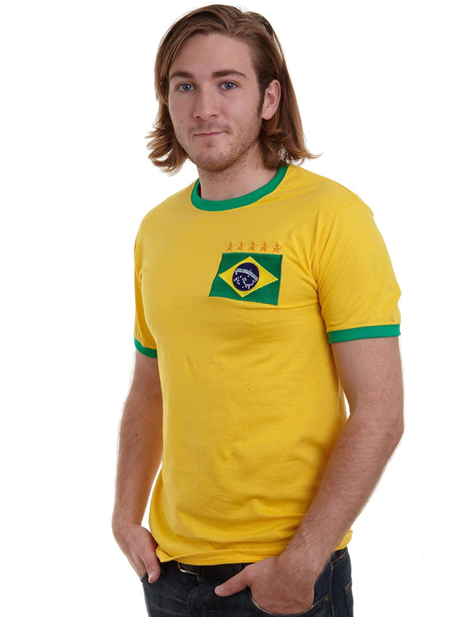 Adults Brazil Brasil Home Embroidered Retro Football T-Shirt