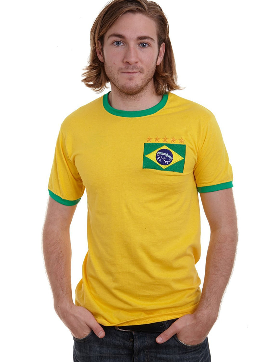 Adults Brazil Brasil Home Embroidered Retro Football T-Shirt