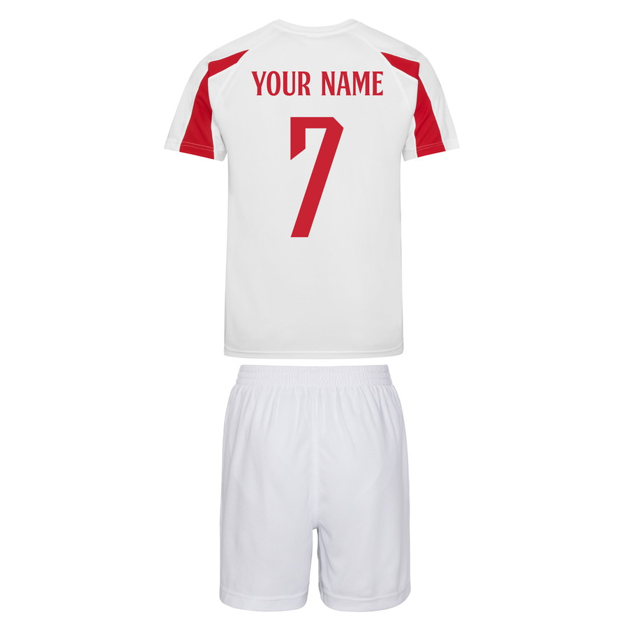 Kids Customisable England Football Home Kit Shirt and White Shorts with Free Personalisation