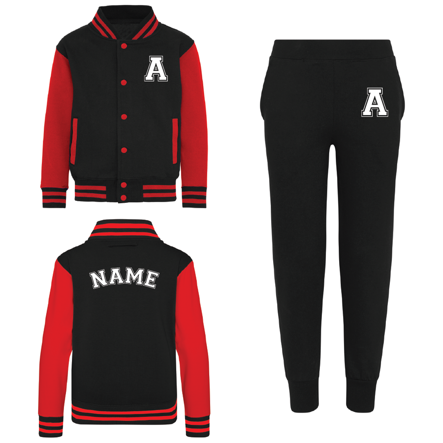 Kids Baseball Style Varsity Jacket and Matching Joggers - Personalised with Front Initial Step and Name on Back Letterman Style