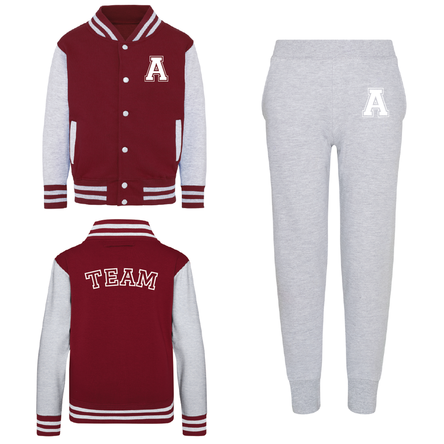 Kids Baseball Style Varsity Jacket and Matching Joggers - Personalised with Front Initial Step and Name on Back Letterman Style